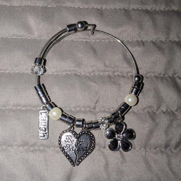 $1 with Bundle ~ Silver Charm Bangle Bracelet – Best Friend Hear & Flower 4730 - Picture 1 of 3